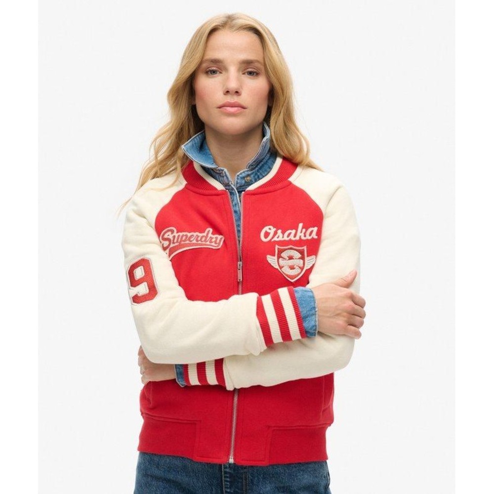 Superdry Varsity College Graphic Jersey Bomber Jacket NWOT Women US 10 Red Osaka